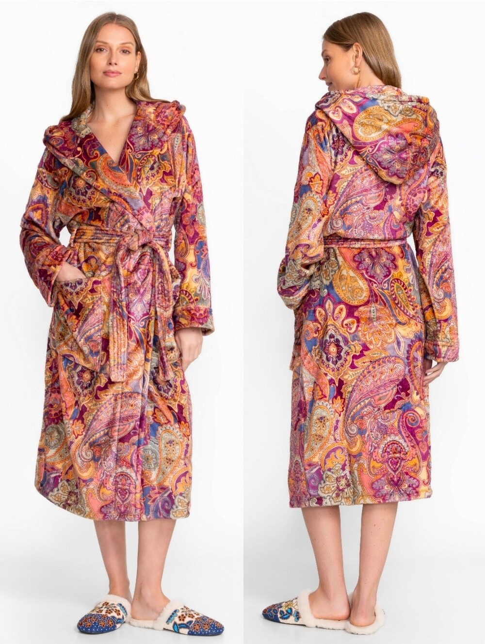 JOHNNY WAS Pink Paisley Print Cozy Thick Warm Soft Bohemian Hooded Womens Robe